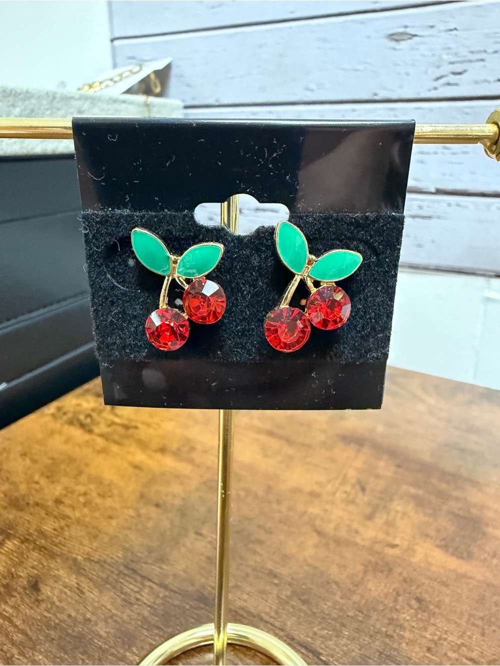 🍀3/$30 Gold-Tone Cherry Stud Earrings with Red Crystals and Green Enamel Leaves